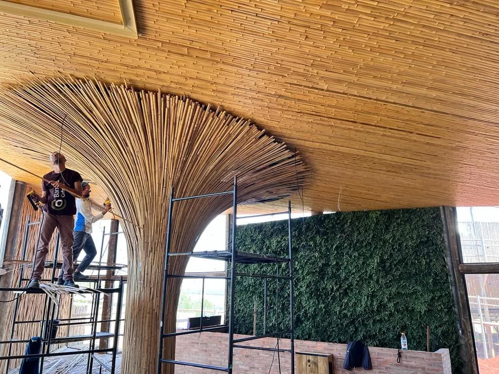 Estrutura e revestimentos de bambu do Vanara Bubble — registro de obra.