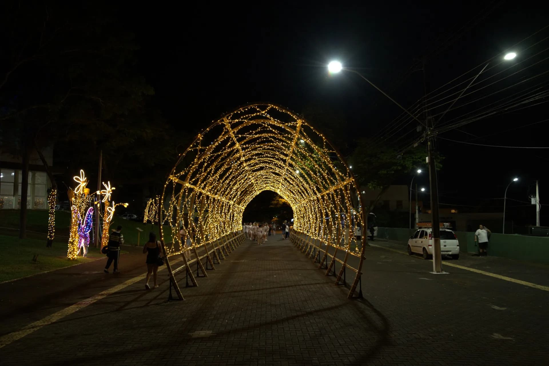 Portal tramado de bambu iluminado — Natal dos Pioneiros — Cascavel 2024.