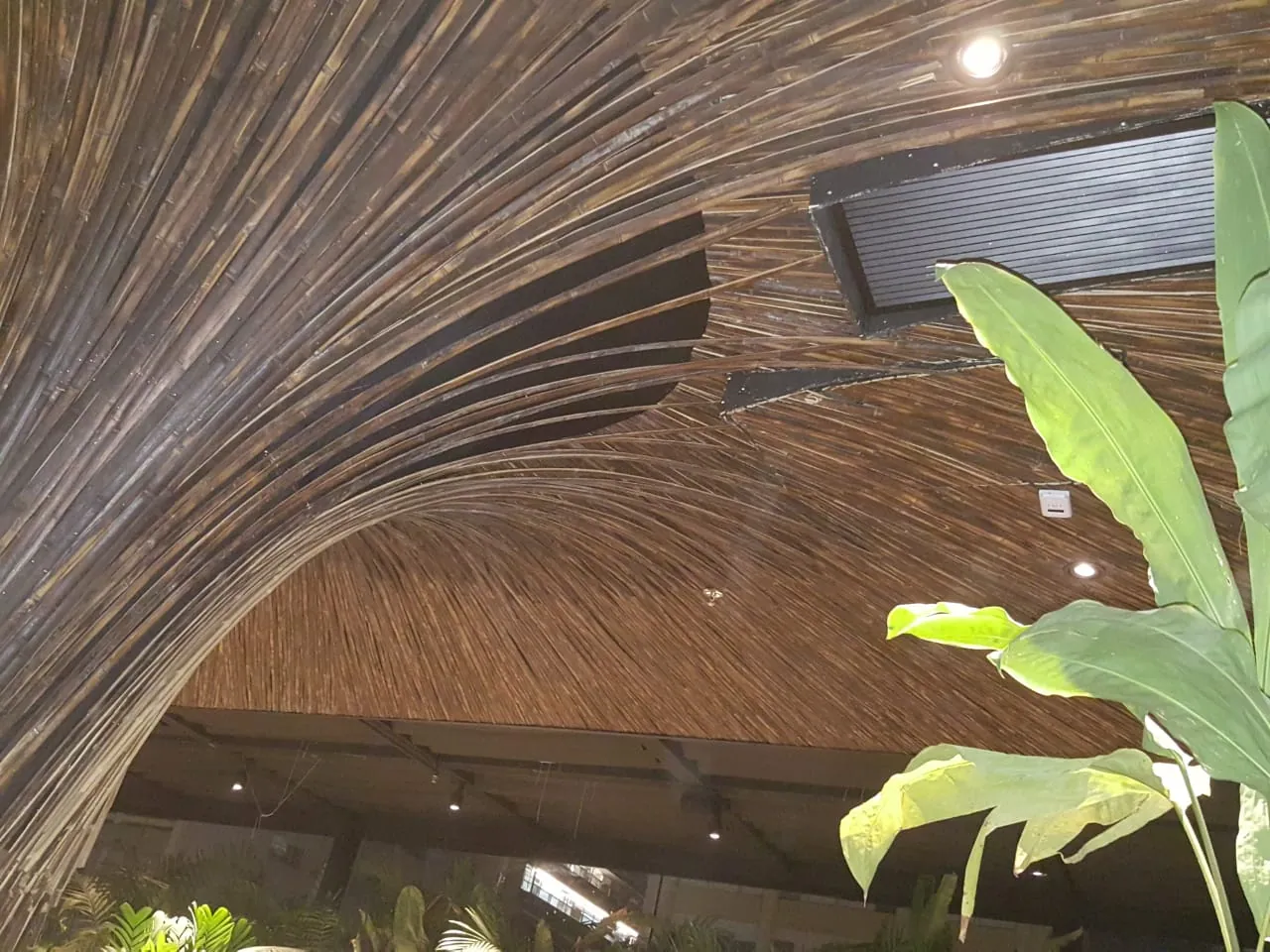 Detalhe da curva do forro de bambu sobre o salão do Restaurante Makoto.
