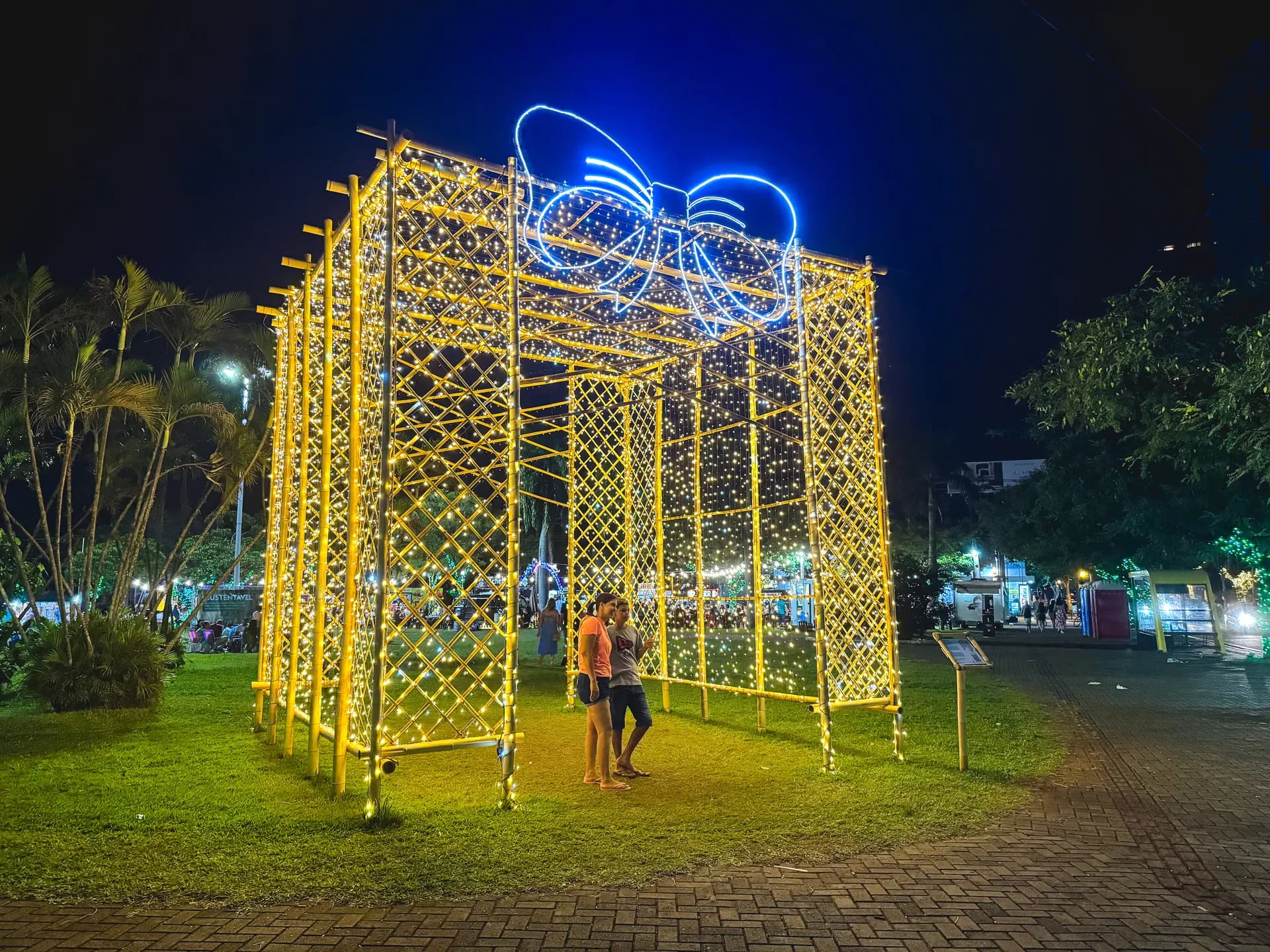 Caixa de presente cenográfica em bambu iluminada — Maringá Encantada 2023.