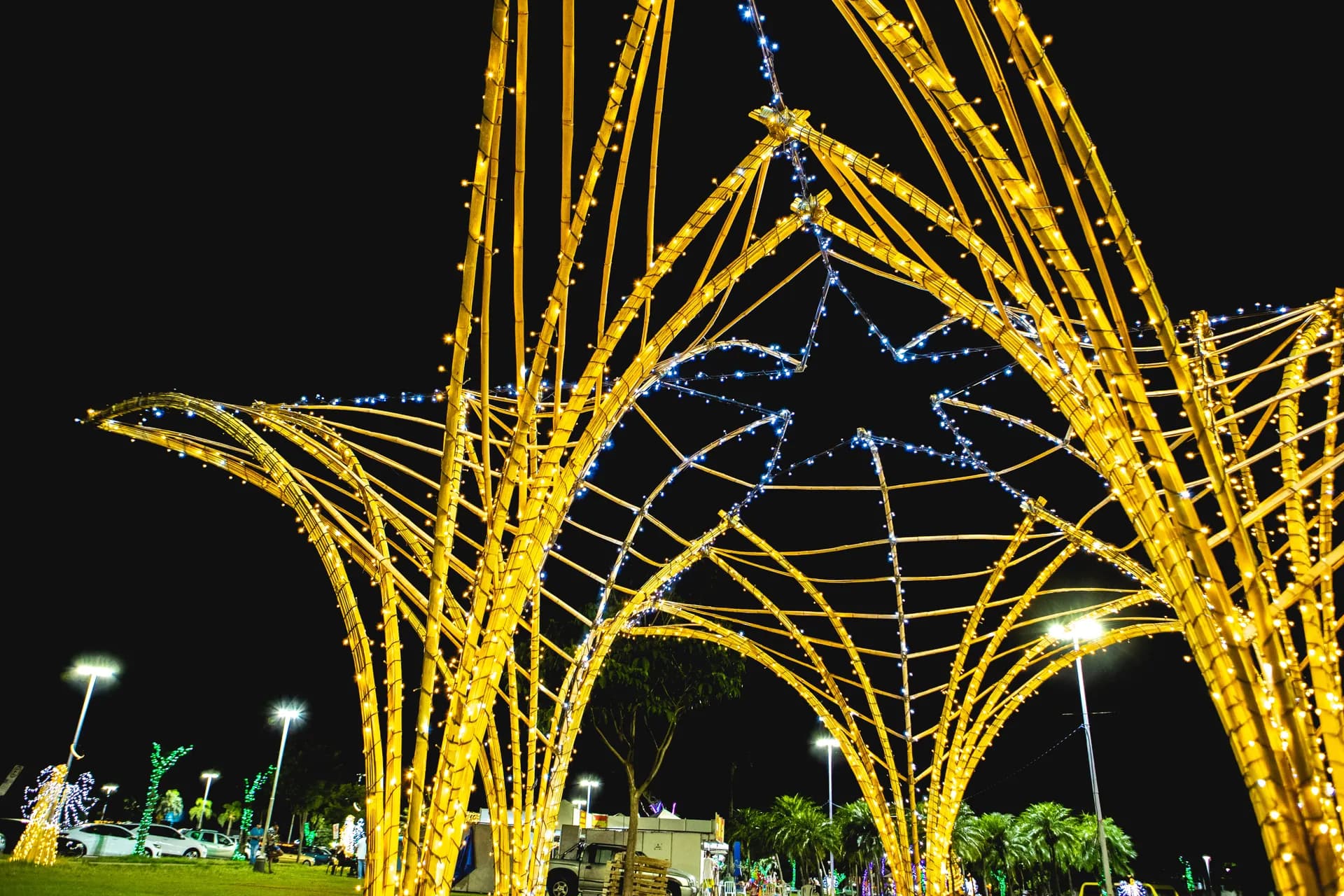 Domo em forma de estrela, estrutura de bambu iluminada — Maringá Encantada 2023.