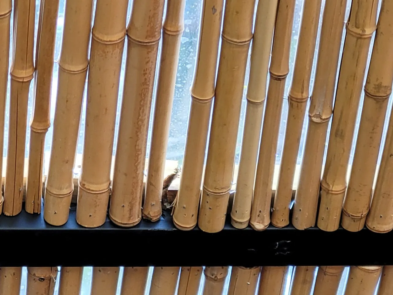 Capim Santo — área externa: deck sob cobertura de bambu, integrado ao jardim.