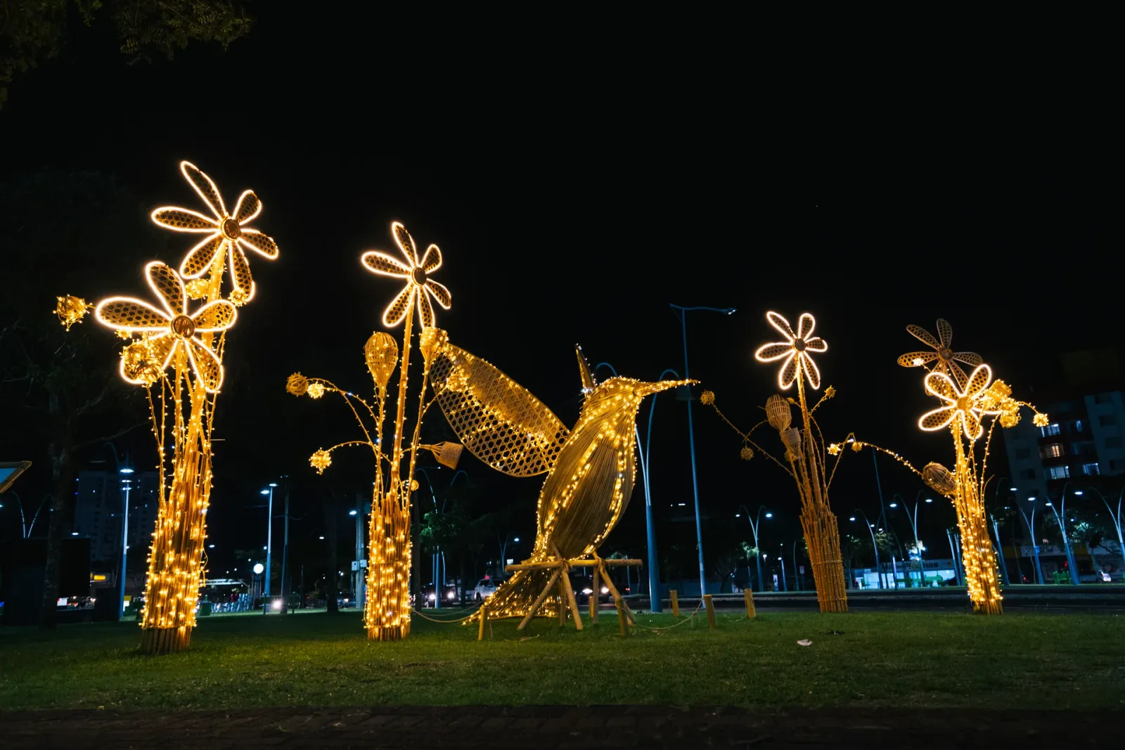 Jardim e beija-flor cenográficos em bambu — Natal dos Pioneiros — Cascavel 2025.