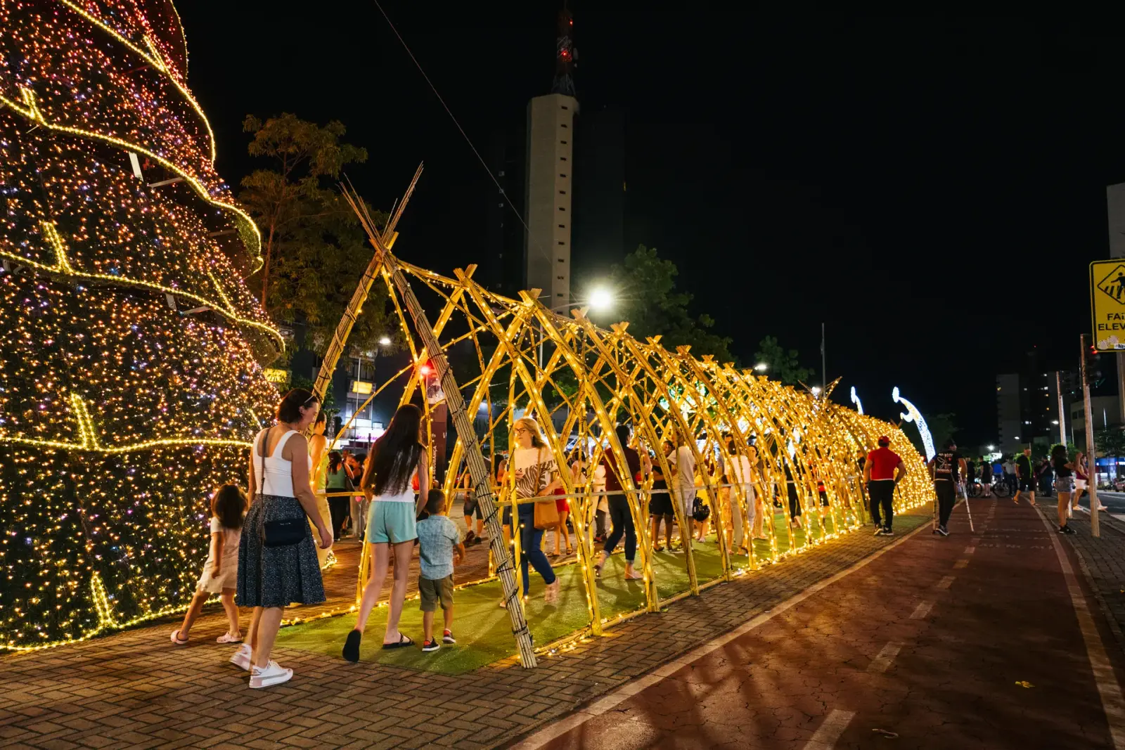 Túnel de bambu iluminado — Natal dos Pioneiros — Cascavel 2025.