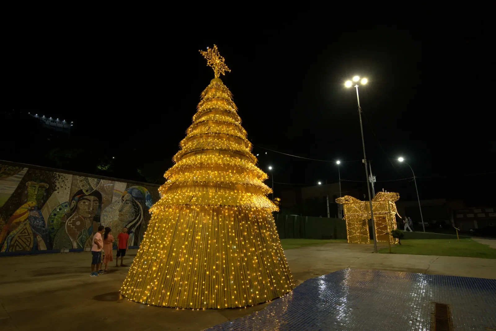 Árvore de Natal em bambu iluminada — Natal Foz do Iguaçu 2025.
