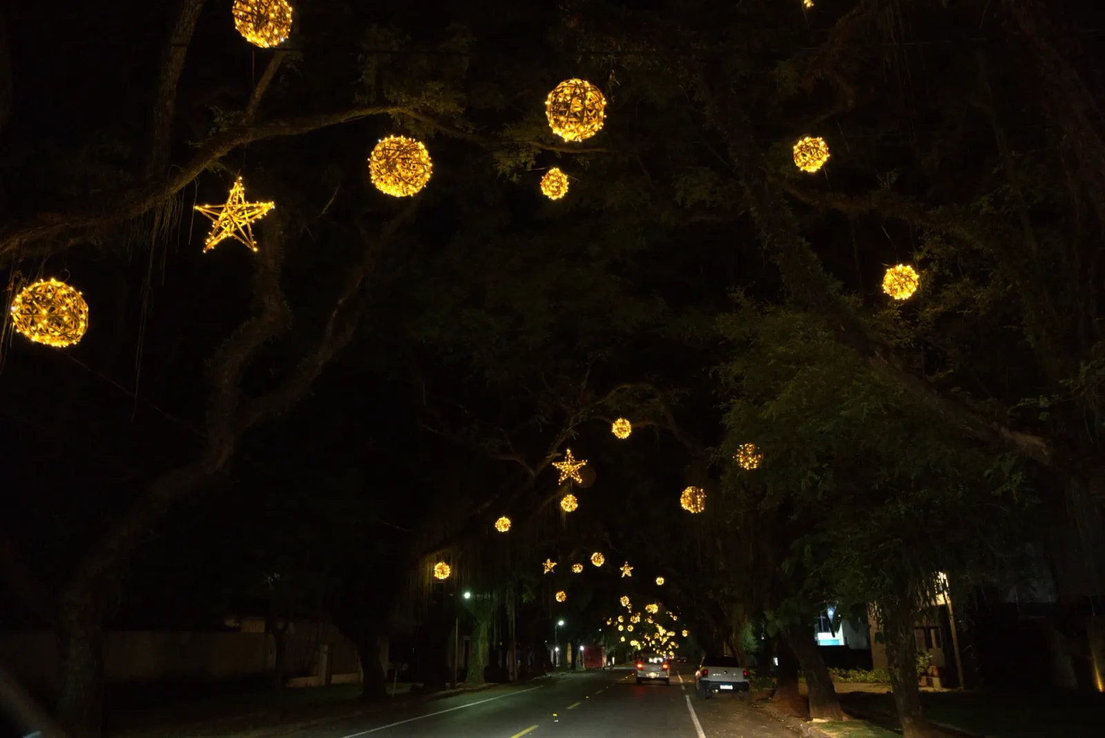 Esferas decorativas em bambu iluminadas — Natal Foz do Iguaçu 2025.