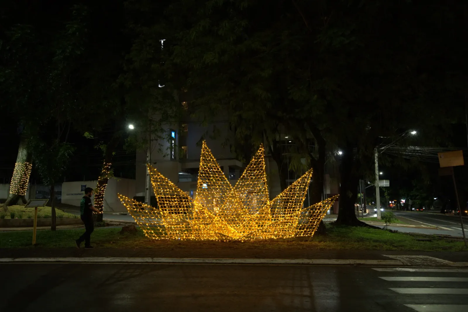 Pétalas cenográficas em bambu iluminadas — Natal Foz do Iguaçu 2025.