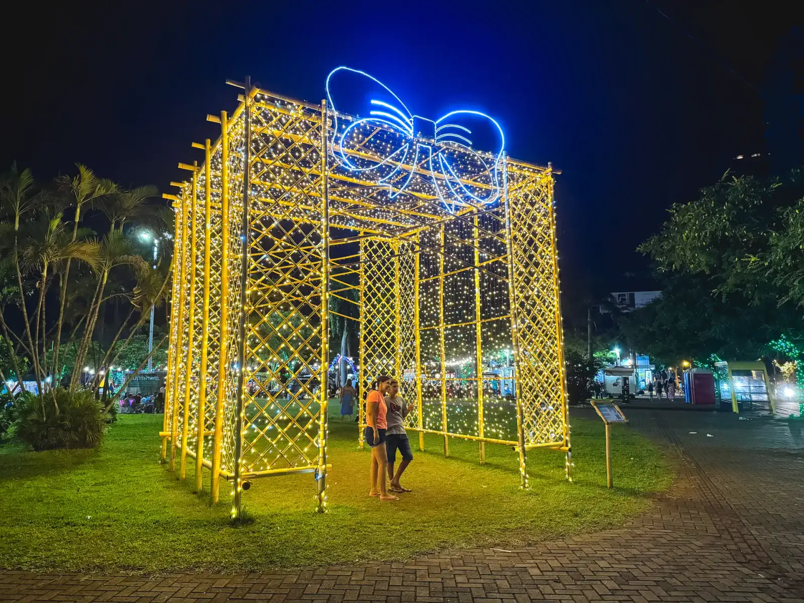 Caixa de presente cenográfica em bambu iluminada — Maringá Encantada 2023.