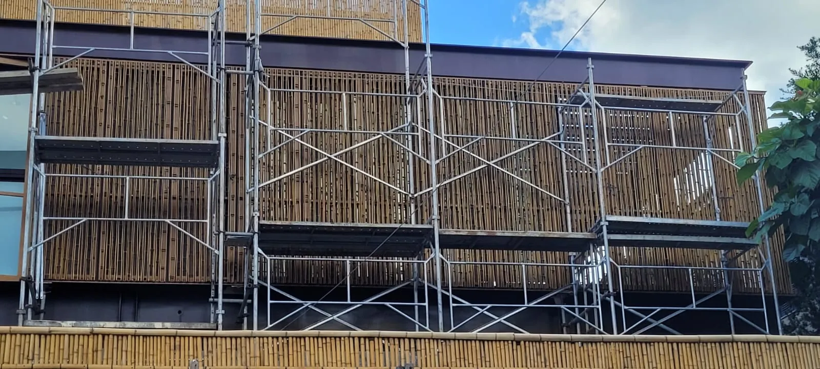 Fachada/brise de bambu do projeto MPG — registro de obra.