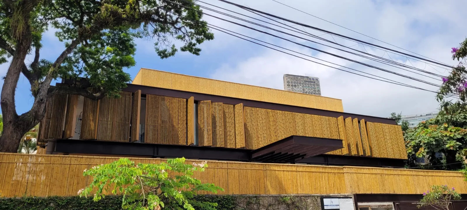 Fachada/brise de bambu do projeto MPG — registro de obra.