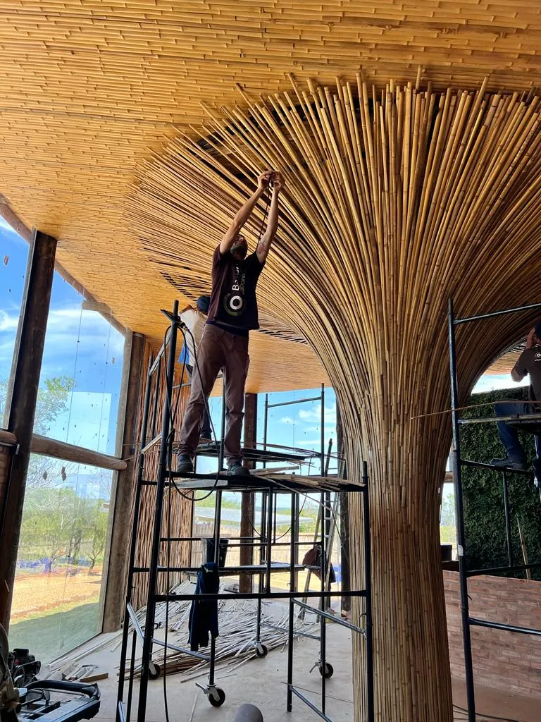 Estrutura e revestimentos de bambu do Vanara Bubble — registro de obra.