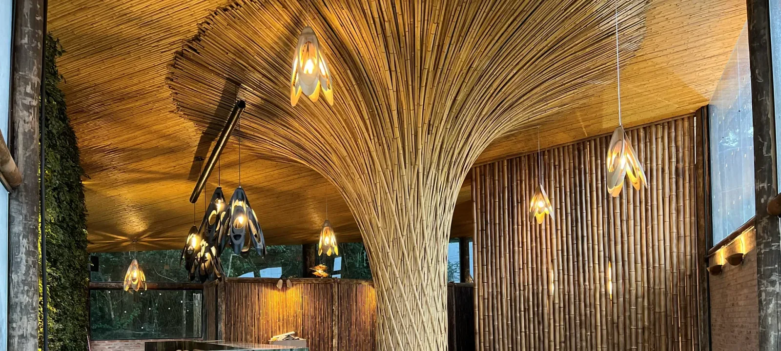 Interior do Vanara Bubble: estrutura escultórica de bambu que se ramifica no forro.